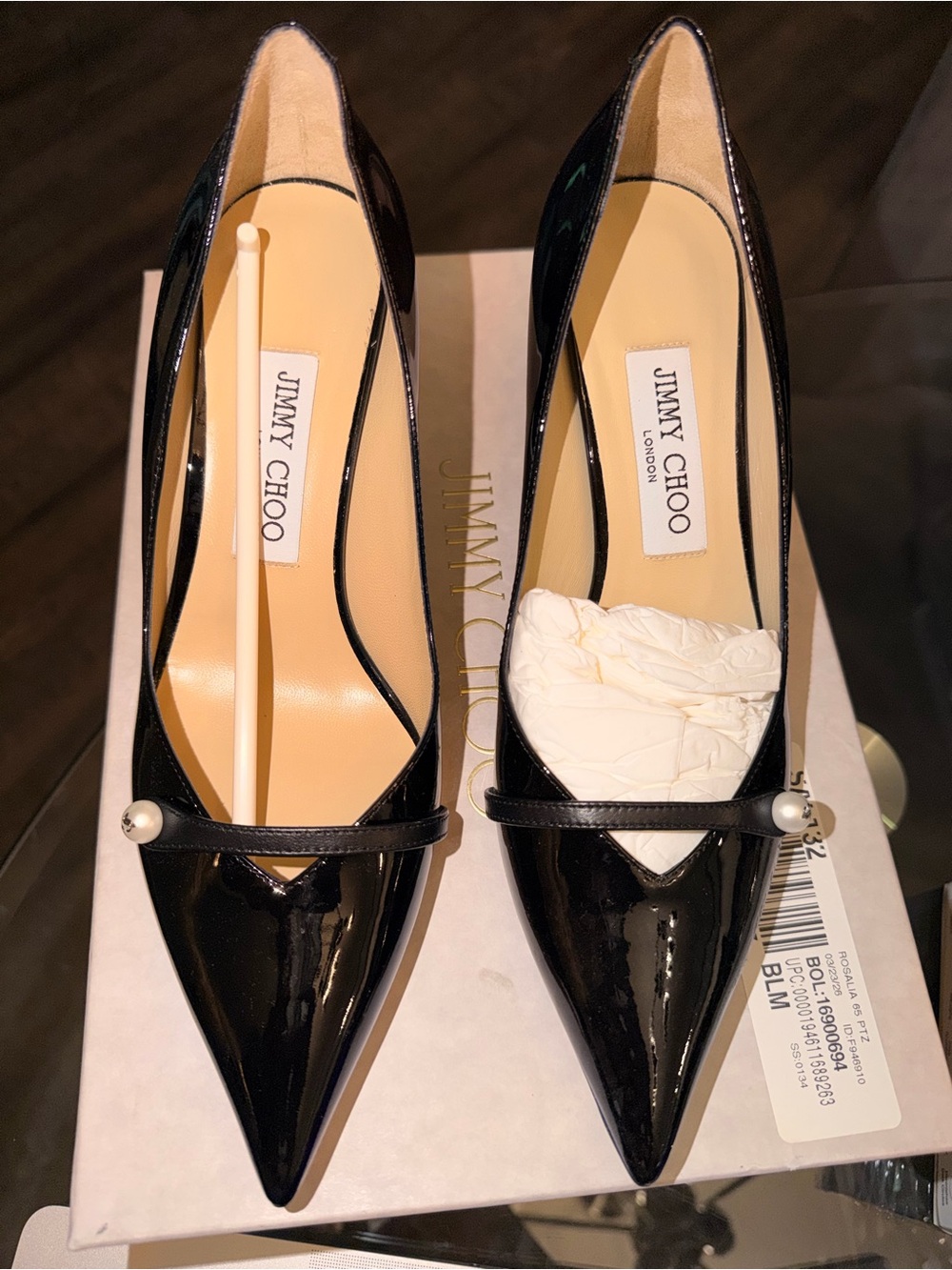 Jimmy Choo Black Patent Pointed Toe Heels with Pearl Strap - Picture 1 of 5